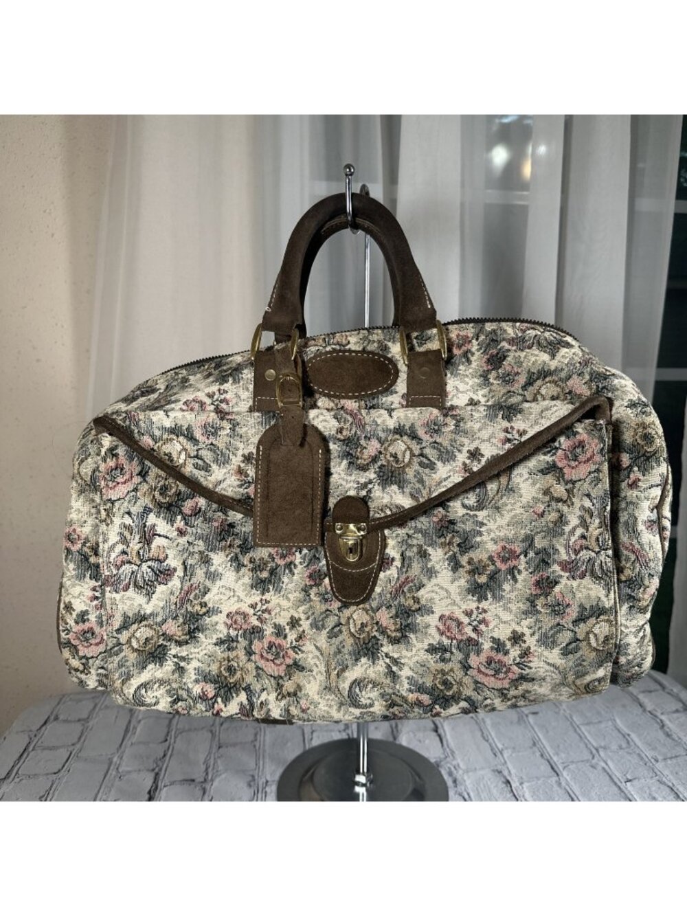 Vintage The French Company Tapestry Weekender Bag with Suede Trim 17.5”x10”x9”